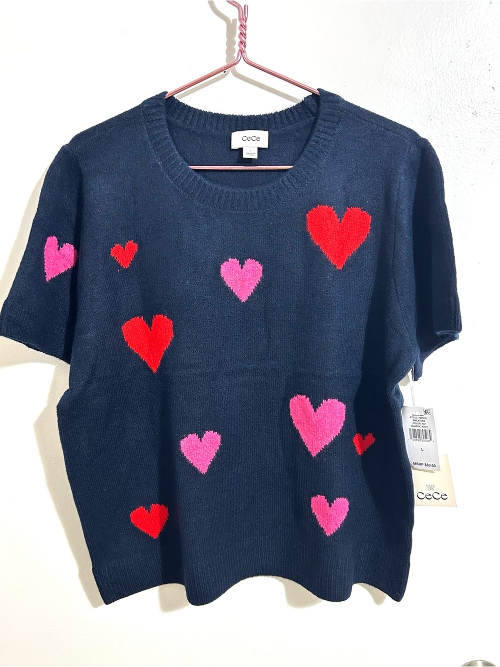 NWT Cece Women’s Crewneck Heart print Short Sleeve Sweater, Large - Picture 2 of 9
